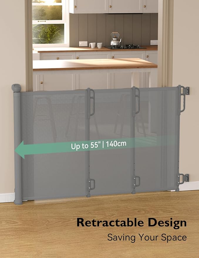 Momcozy Auto Lock Retractable Baby Gate, Safety Gate for Baby and Pet, 33” Tall, Extends to 55” Wide, Mesh Safety Dog Gate for Stairs, Indoor, Outdoor, Doorways, Hallways