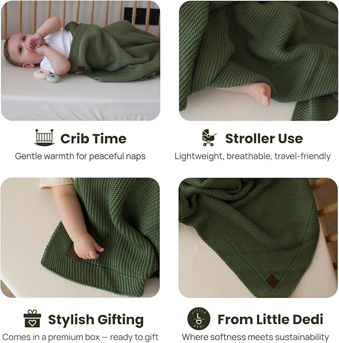 100% Organic Cotton Baby Knitted Blanket with Gift Box - Soft Toddler, Crib, Stroller Blanket - Neutral Swaddle and Receiving Blanket for Newborns, 30"x40", Pepper Green