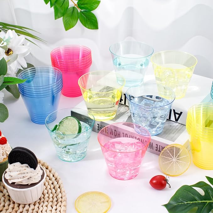 WDF 200 Pack Colorful Plastic Cups Disposable - include 50 Pink, Blue, Green, Yellow, Colorful Plastic Cups For Party, Baby Shower, Wedding