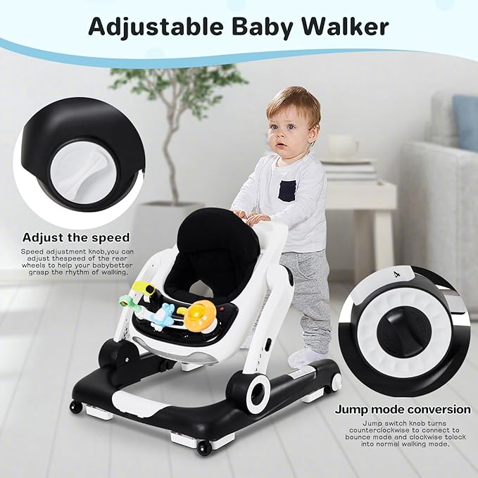 Baby Walker,4-Gear Height Adjustable Baby Walker with Wheels,5 in 1 Baby Activity Center,Music and Lights Bouncer Walker for Baby Boy 6-18 Months,Adjustable Speed Baby Push Walker