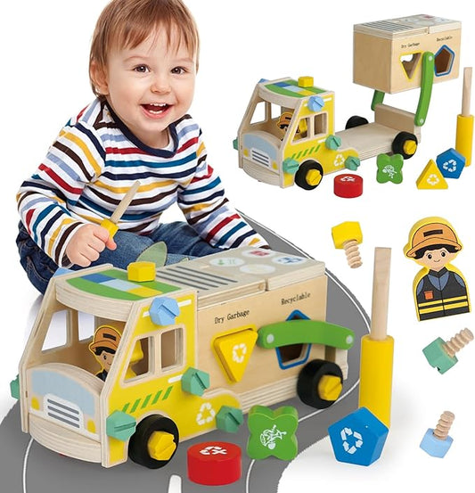 LOVELAND Wooden Recycling Truck Toy Take-Apart Garbage Sorting Truck
