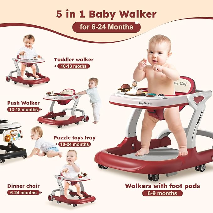 5 in 1 Baby Walker with Wheels,Adjustable Speed Activity Baby Walker,Anti-Fall Bouncer Combo Baby Walkers,Detachable Trampoline Mat for Boys Girls Babies 6-18 Months