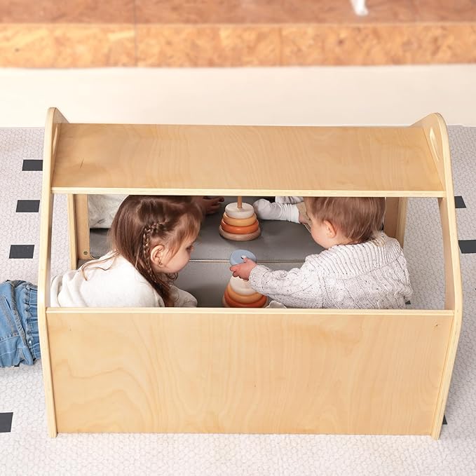 Wooden Playhouse for Toddlers w/Double Non-Shatter Safety Mirrors, Montessori Crawling Tunnel/Crawl-Through Play Set for Children and Kids, Daycare and Preschool Playroom(with Cushion)
