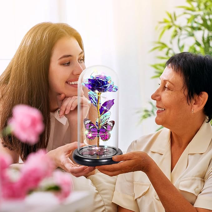 DEEMEI Birthday Gifts for Women Purple Rose Eternal Flower Light Up Rose in Glass Dome with Butterfly Gifts for Women Thanksgiving Anniversary Grandma Girlfriend Wife Gift for Her
