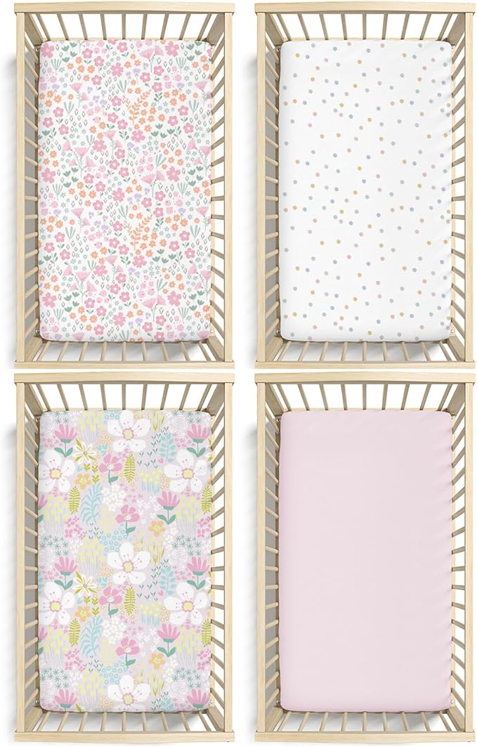 Little Grape Land Toddler Sheets 4 Pack – Baby Crib Sheets Fitted for Boys Girls, Standard Size 28x52‘’ Crib Mattress, Super Soft Breathable Washable Microfiber (Floral/Blossom/Dots/Blush Pink)