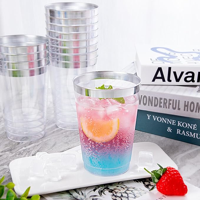 supernal 200pcs Silver Plastic Cups,12oz Clear Plastic Cups Tumblers,Silver Rimmed Cup,Elegant Party Cup,Premium Disposable Cup,Clear Party Cup,Wine Glasses for Party