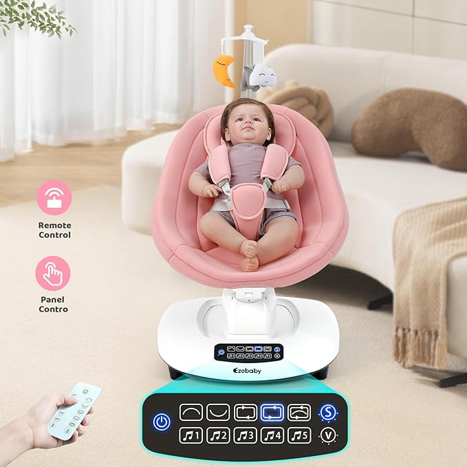Ezebaby Baby Swing for Infants and Newborns with 5 Unique Motions, Adjustable Speed and Positions, Lullabies, Infant Swing with 5-Point Harness, Baby Swing for Newborn Babies 0-9 Months Pink