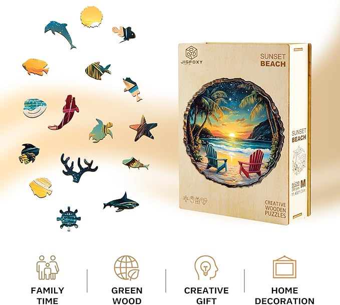 Jigfoxy Wooden Puzzle for Adults,Sunset Beach Wooden Jigsaw Puzzles for Adults, Unique Animal Shape Wood Cut Puzzles for Family Friend Puzzle Lovers(M-11.4 * 11.3in-200pcs)
