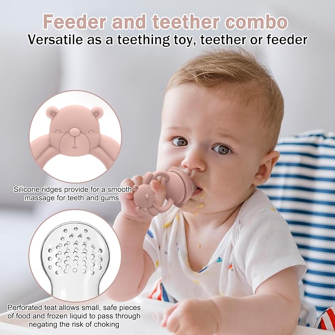 Baby Silicone Fruit Food Feeder Pacifier & Breastmilk Popsicle Freezer Molds,BPA Free Baby Food Storage Containers Frozen Ice Tray for Baby Feeding Safely, Infant Fruit Teething Toy (Pink)
