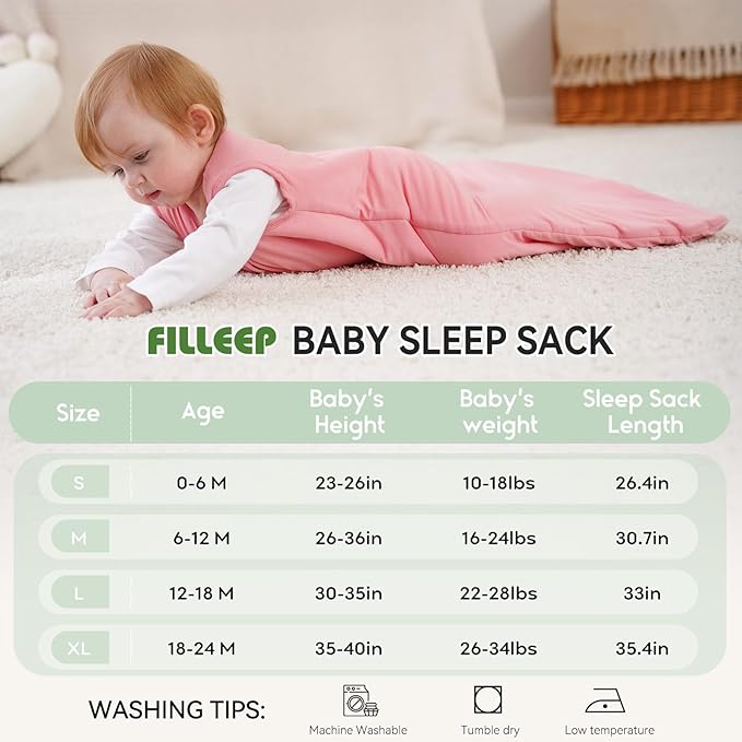 Rayon Made From Bamboo Baby Sleep Sack, SuperSoft 6-12 Months 1.0 Tog Baby Wearable Blanket, Sleeping Sack for Toddler Infant with 2-Way Zipper, Lightweight & Roomy, Pink