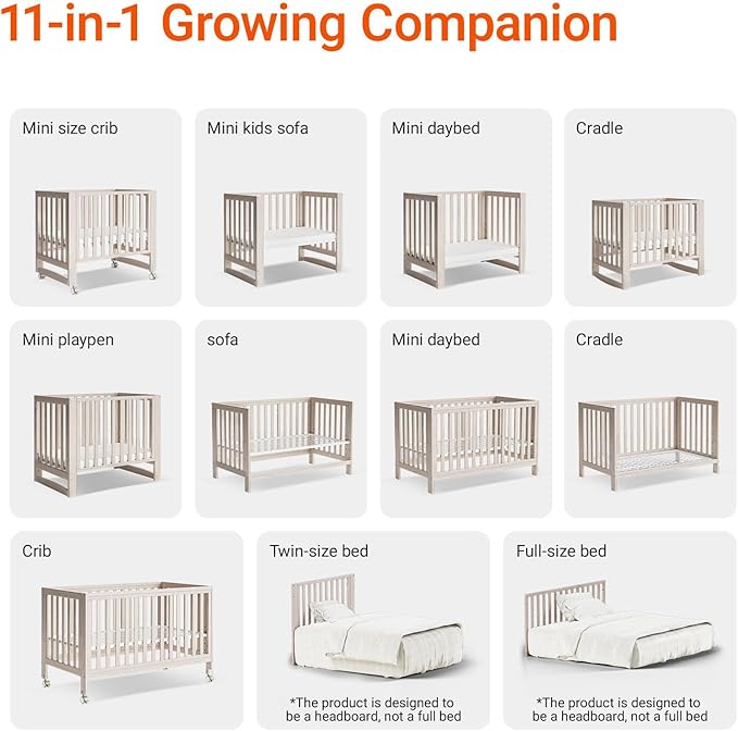 EvoNest Baby Crib, 11 in 1 Convertible Crib with Wheels, 100% New Zealand Wood Growing Bed, 4 Adjustable Mattress Height,Washed Natural