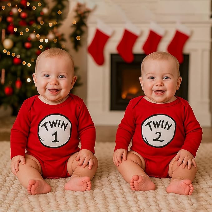 DEFAHN Funny Twins Baby Bodysuits Boys Girls Rompers 2 Pack Twin Matching Clothes Outfits for Newborn Infant