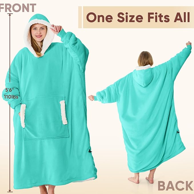yescool Wearable Blanket Hoodie - Gifts for Women Her Girlfriend, Birthday Christmas Gifts For Mom, Oversized Flannel Sherpa Blanket Sweatshirt, One Size Fits All (Teal)