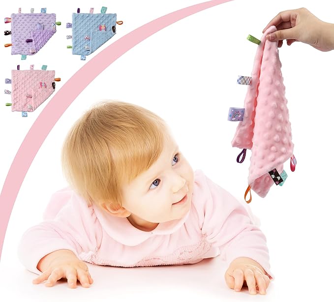 CREVENT Cozy Plush Baby Security Blanket Loveys for Baby Girls, Minky Dot Front + Sherpa Backing with Animal Face (Pink Unicorn + Tag)