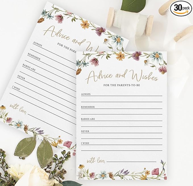 Printed Party Advice & Wishes for The New Parents – Baby Shower Advice Cards, Wishes for Mommy & Daddy, Gender Reveal Boy or Girl, Wildflower Garden Theme, 30 Cards