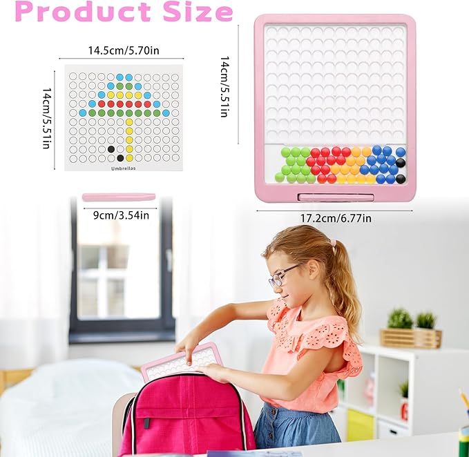 Magnetic Drawing Tablet, Magnetic Doodle Board for Kids with Dot Beads and Pattern Book, Montessori Educational Travel Toy for Boys and Girls 3 4 5 6 Years Old (Pink)