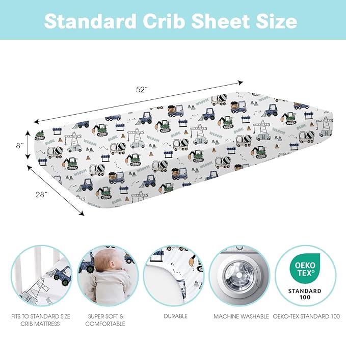 Plushii 4 Pack Fitted Crib Sheets for Baby Boys, 28"x 52" Extra Soft Microfiber Crib Sheet Set for Standard Crib & Toddler Mattress Pad, Whale & Trucks & Little Bear & Navy Blue