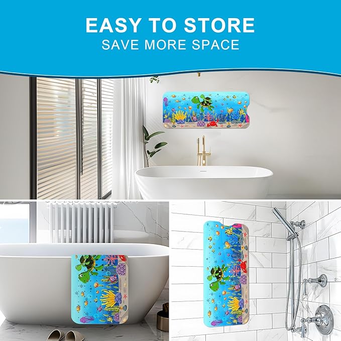 XIYUNTE Baby Bath Mat for Tub Non Slip Kids Bath Mat - 40''x16'' Extra Long Cartoon Sea Turtle Baby Bath Tub Mat Eco-Friendly Toddler Bath Mats with Suction Cups & Drain Holes Easy to Clean & Drying