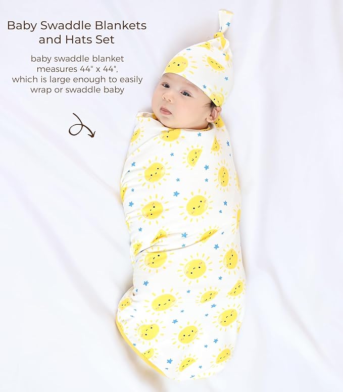 Newborn Swaddle Blanket with Hat Set,Unisex Baby Receiving Blanket Nursery Wrap for Girls and Boys, Viscose Made from Bamboo Sun One Size