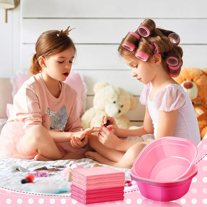 Patelai 6 Sets Kids Foot Spa Kit for Girl 12 x 12 x 4.3 Inch Foot Tub 14 x 30 Inch Hand Towels Washbasin Towels for Spa Party Sleepover Party Supplies (Pink, Rose Red)
