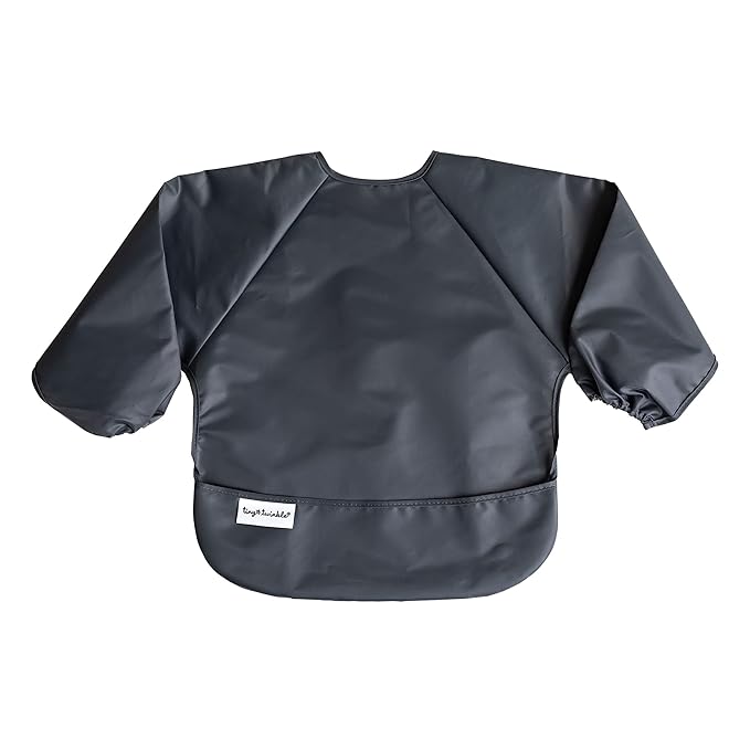 Tiny Twinkle Mess Proof Baby Bibs, 2pk Waterproof Smock Baby Bibs for Eating, Machine Washable Long Sleeve Bibs, Baby Led Weaning, Toddler Bibs, BLW Supplies (Sage Charcoal, Large 2-4 Years)