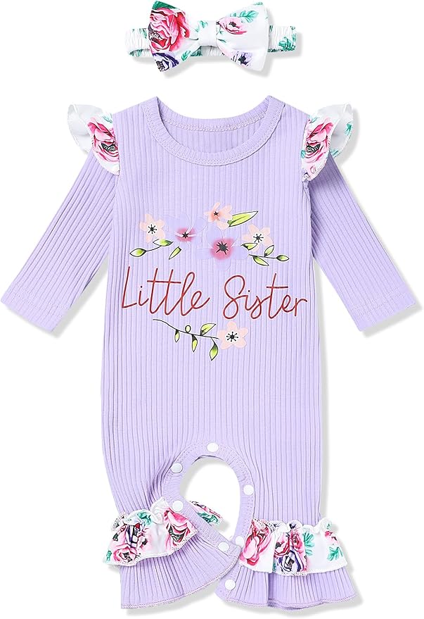 Baby Girl Clothes Patter&Letter Baby Girl Romper with Bow Hat&Headband and Gloves 4Pcs Baby Girl Coming Home Outfit
