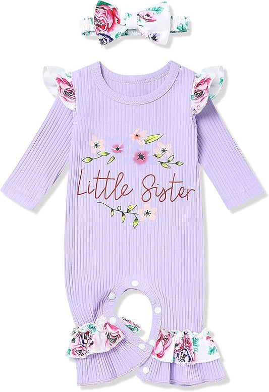 Baby Girl Clothes Patter&Letter Baby Girl Romper with Bow Hat&Headband and Gloves 4Pcs Baby Girl Coming Home Outfit