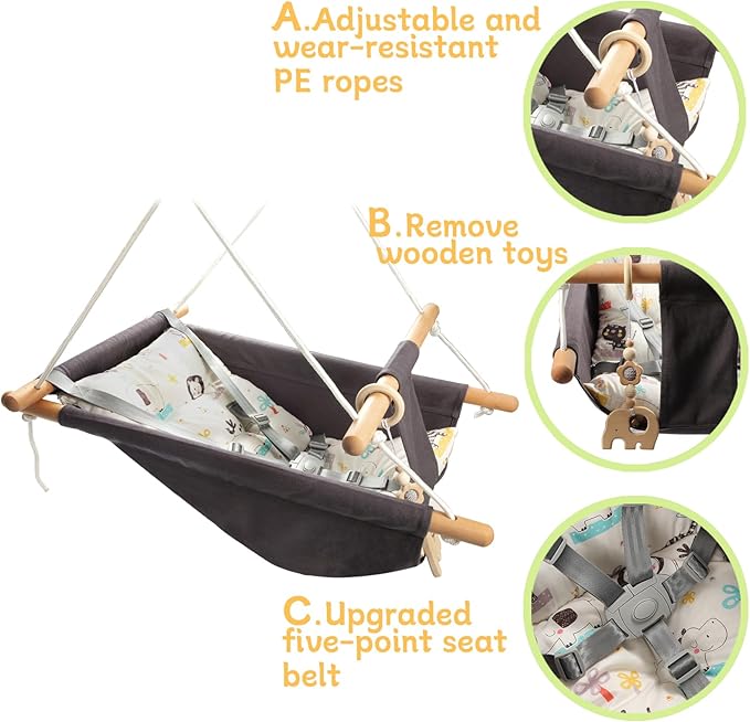 Baby Swing Outdoor Indoor for Infants to Toddlers, Portable Adjustable Baby Porch Swing with 5-Point Safety Belt, Kids Tree Hanging Chair Toys for Door Garden Backyard