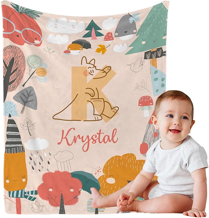 Personalized Cute Animal Baby Blanket, Custom Initial Jungle Swaddle Blanket with Name Customized Super Soft Nursery Fleece Throw Blankets for Newborns Baby Shower Girls Kids Birthday