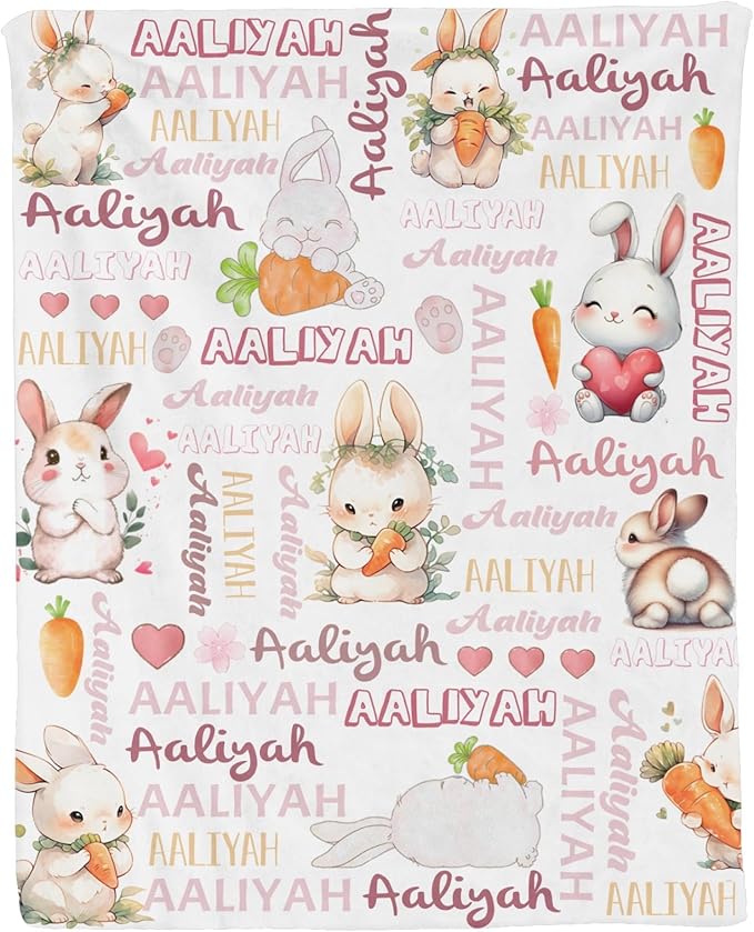 Custom Baby Blanket for Girls Rabbit Personalized Baby Blankets with Name Dotted Backing Customized Gifts for New Mom Customize Baby Blanket for Kids Newborn Birthday Pink
