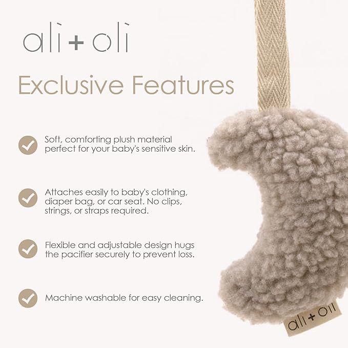 Ali+Oli Plush Pacifier Holder (Moon-White) Soft Binky Holder for Babies, Plush Holder for Pacifiers, Cute Baby Binkies Plush Holder, Pacifier Holder for Baby Boys & Girls, Baby Toy with Cute Decor