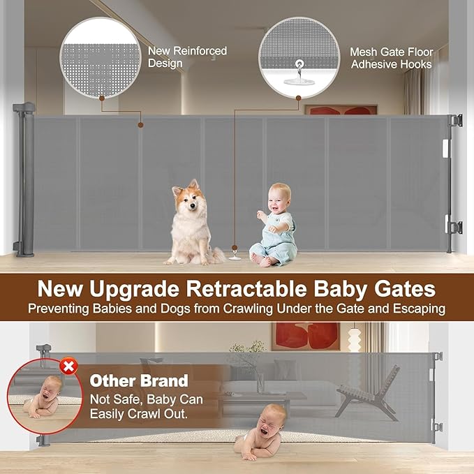 Upgraded 120 inch Retractable Baby Gates Extra Wide with Reinforced Strip Design to Prevent Crawling Through, 10 Foot Retractable Dog Gate, 34" Tall, Retractable Gate for Indoor/Outdoor