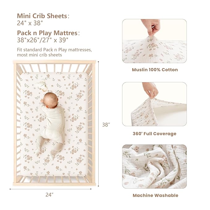 Konssy Muslin Mini Crib Sheets, 100% Soft Cotton Pack and Play Sheets for Pack N Play Mattress, Playard Baby Crib Sheets for Baby Girls(Blossom, Cream)