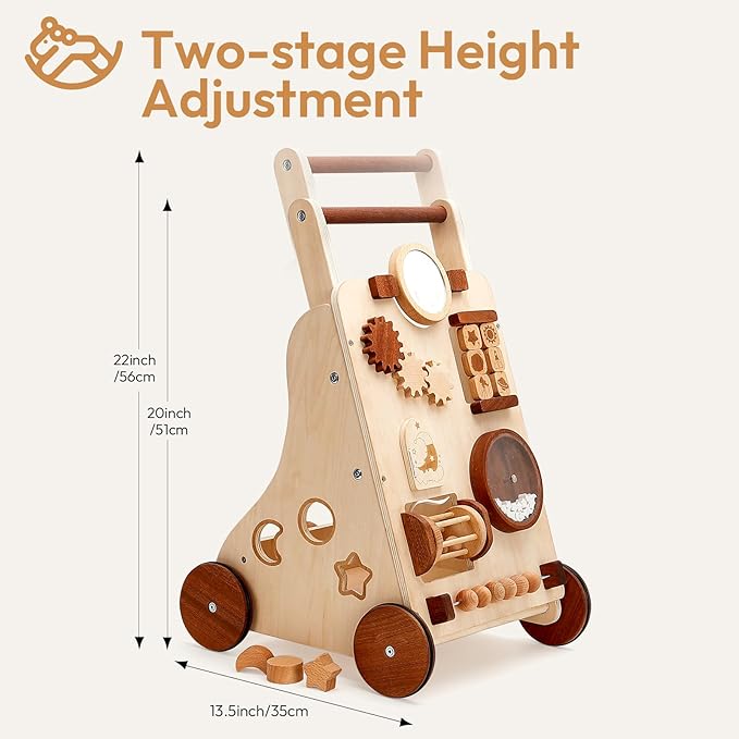 Wooden Baby Walker, Adjustable Speed Push Walker, Montessori Walker for Boys and Girls, Baby Activity Center, Sit to Stand, Toddler Push Toys for Babies 9-12 Months, 1 2 3 Year Old