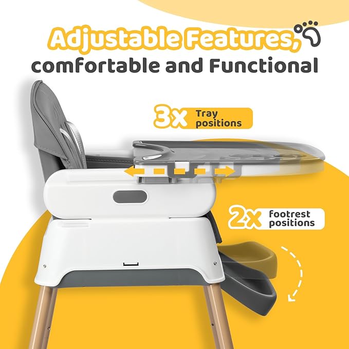 JOYMOR 5 in 1 Baby High Chair for Babies and Toddlers, Portable Highchair Fold Compact, ConvertibleBaby Feeding Chair Booster for Eating with Detachable Double Tray, 5 Point Harness (Gray)