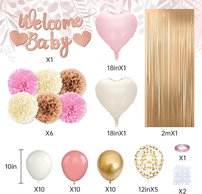 Dusty Pink Baby Shower Decorations for Girl,Welcome Baby Banner with Sand White Retro Pink Balloons Fringe Curtains Paper Pom Poms for Boho Baby Shower Gender Reveal Party Supplies