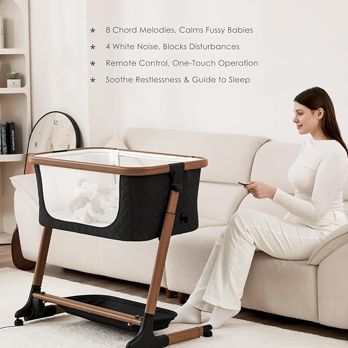 Electric Smart Baby Bassinet & Bedside Bassinet with 5 Rocking Speeds, 3 Timer Modes, 12 Soothing Musics, 6 Adjustable Heights, Large Storage Basket (Black)