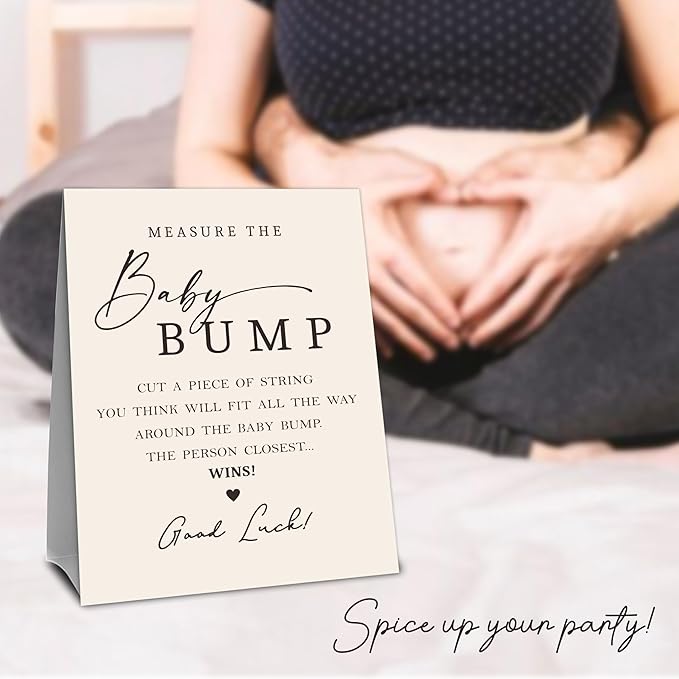 Beige Baby Shower Measure The Baby Bump, Measure Mommy's Belly Game Set - 1 Self-Standing Sign And 50 Tickets - Gender Reveal, Baby Shower, Baby Announcement Activity & Party Favor Supplies - A14