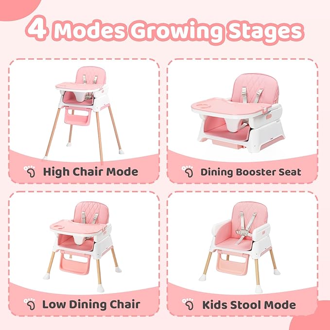 JOYMOR 5 in 1 Baby High Chair for Babies and Toddlers, Portable Highchair Fold Compact, ConvertibleBaby Feeding Chair Booster for Eating with Detachable Double Tray, 5 Point Harness (Pink)