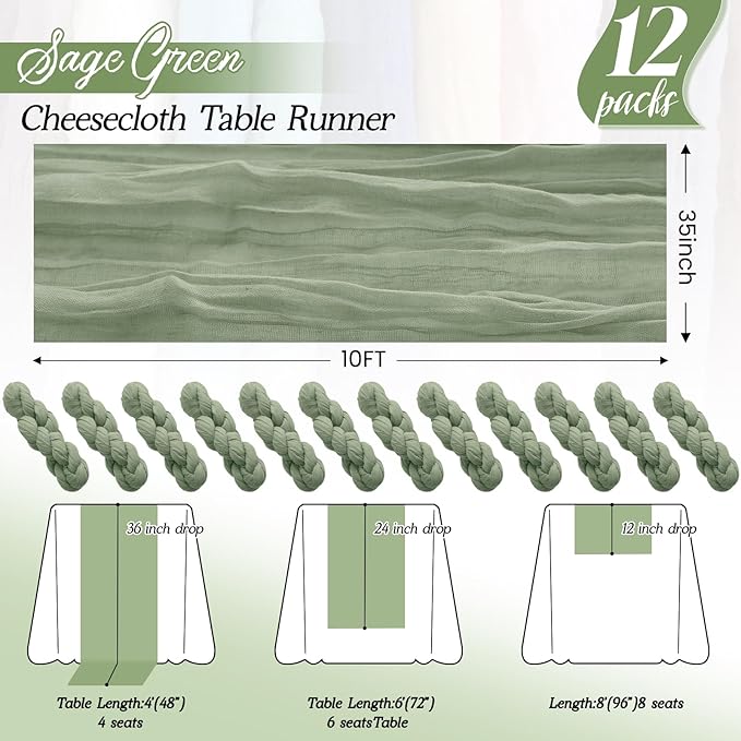 12Pack Sage Green Table Runner 35 x 120 inch Cheesecloth Table Runner 10FT Boho Gauze Cheese Cloth Table Runners Rustic Sheer Table Runners for Wedding Baby Shower Party Decor