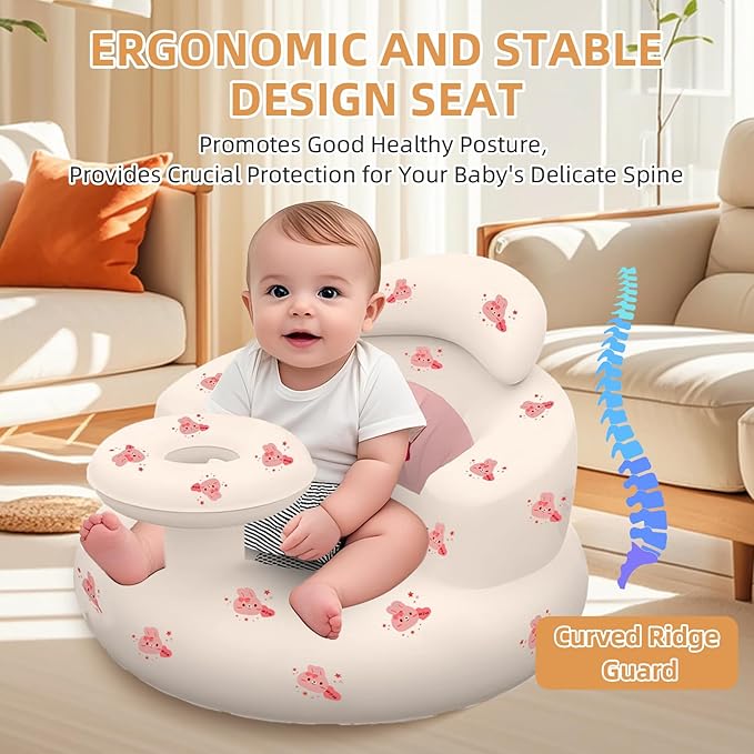 Inflatable Baby Seat with Tray, Blow up Infant Chair for Babies 3 Months and up, Comfortable Baby Floor Seats for Sitting Up, Built in Air Pump with Back Support Toddler Waterproof Sofa (Pink Rabbit)