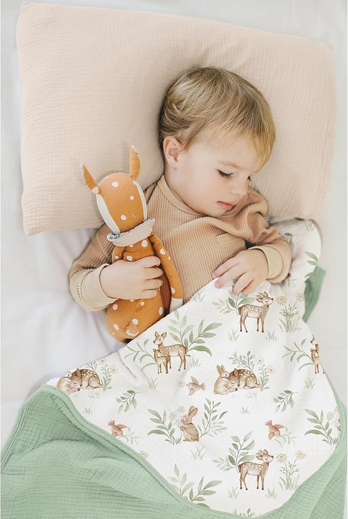 Konssy Muslin Baby Blankets for Girls Boys, 100% Cotton Crib Blanket for Infant Toddler, Super Soft and Lightweight Nursery Swaddling Wrap 40"x36" (Woodland)