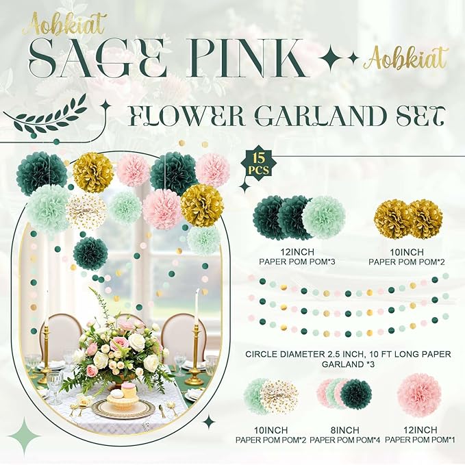 AOBKIAT Wedding Birthday Party Decorations Set,15PCS Sage Green Pink Tissue Paper PomPoms Circle Dots Paper Garland String Hanging Backdrop for Baby Shower, Boho Bridal Wedding Theme Decor