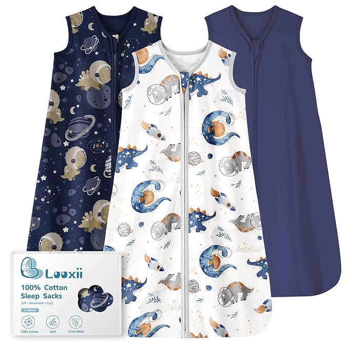 Looxii Baby Sleep Sack 0.5 TOG, 100% Cotton 3 Pack Wearable Blanket Baby Sleep Bag for Newborn Infant, 2-Way Zipper Lightweight Toddler Sleeping Sack 0-6 Months