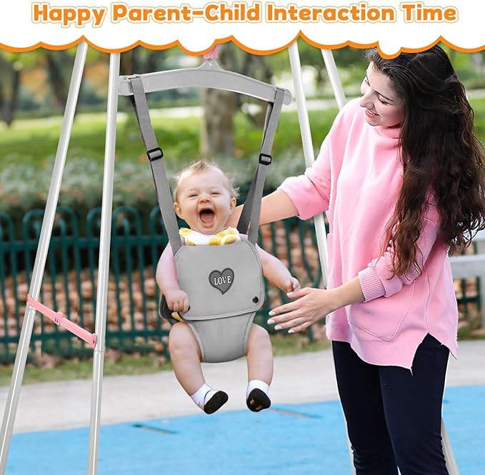 4-in-1 Toddler Swing Set & Baby Jumper and Bouncer for Toddlers, Foldable Baby Swing Stand for Outdoor Indoor Play, Easy to Assemble and Store for Ages 6 Months to 10 Years Old (White)