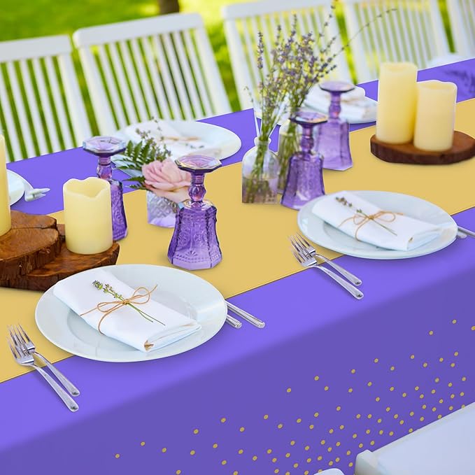 8Pack Disposable Plastic Tablecloths and Satin Table Runner Set Purple and Gold Dot Tablecloth Gold Satin Table Runner for Wedding Birthday Baby Shower Anniversary Christmas New Year Party Supplies