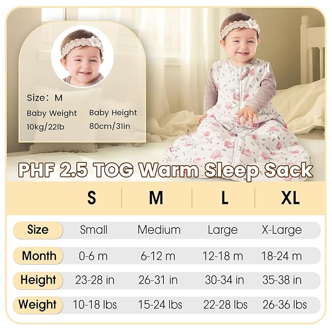 PHF 100% Cotton Baby Sleep Sack 6-12 Months, 2.5 TOG Winter Baby Wearable Blanket with 2-Way Zipper, Warm Comfy Quilted Sleeping Bags, Infant Sleeping Sack for Newborn Girls, Medium Size, Pink Floral