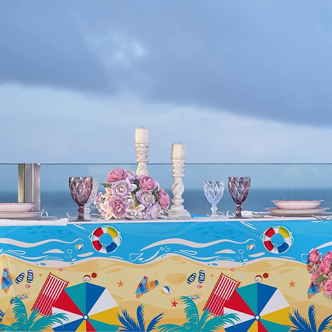 Beach Theme Party Supplies Summer Pool Disposable Tablecloth Plastic Waterproof Table Cover for Hawaiian Party Birthday Decorations, 3 Pack 54X108inch