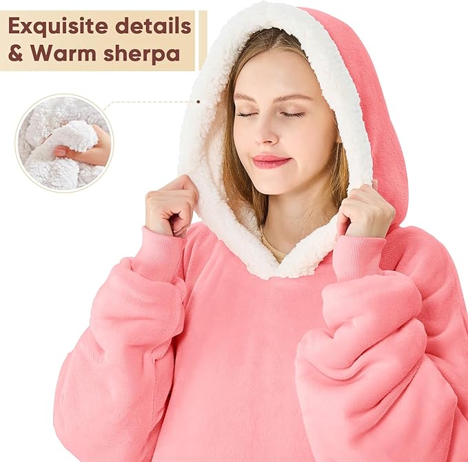 yescool Wearable Blanket Hoodie - Gifts for Women Her Girlfriend, Birthday Christmas Gifts For Mom, Oversized Flannel Sherpa Blanket Sweatshirt, One Size Fits All (Pink)