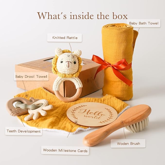 Baby Boy Gift Set New Born Shower Gifts, Baby Essentials Basket Stuffers Baby Bath Set with Muslin Baby Blanket, Teething Toys, Drool Towel, Wood Brush & Rattle, Newborn Welcome Baby Gift Box Set